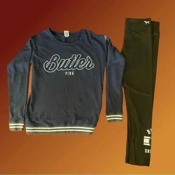 Rare Victoria Secret Pink "Butler" Navy Sweatshirt and Black Leggings Sz. M - Picture 1 of 8